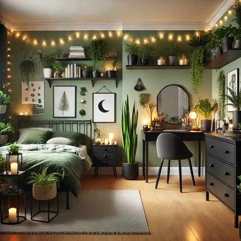 Dark Green Boho Bedroom Aesthetic, Dark Green And Gold Bedroom Ideas, Dark Plant Room Aesthetic, Dark Grey And Green Bedroom, Dark Wood Room Aesthetic, Dark Forest Green Aesthetic, Plant Bedroom Ideas, Yellow Kitchen Cabinets, Dresser Decor Bedroom