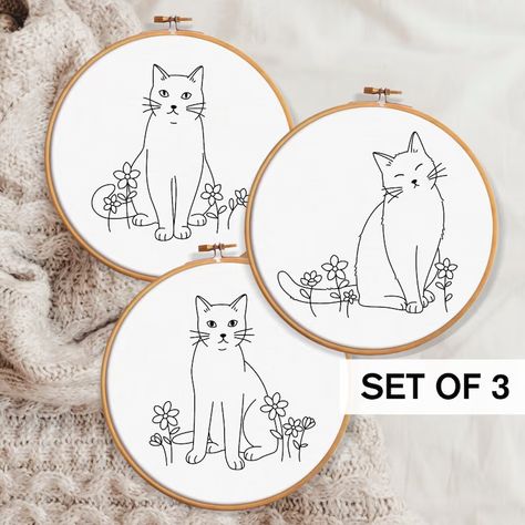 3 Cats And Flowers Embroidery Pattern Templates Cute Cat - Etsy Brasil Embroidery Pattern Templates, Cute Cat Embroidery, Lover Embroidery, Flowers Embroidery Pattern, Cats And Flowers, Cat Plants, Cat Embroidery, 3 Cats, Embroidery Template