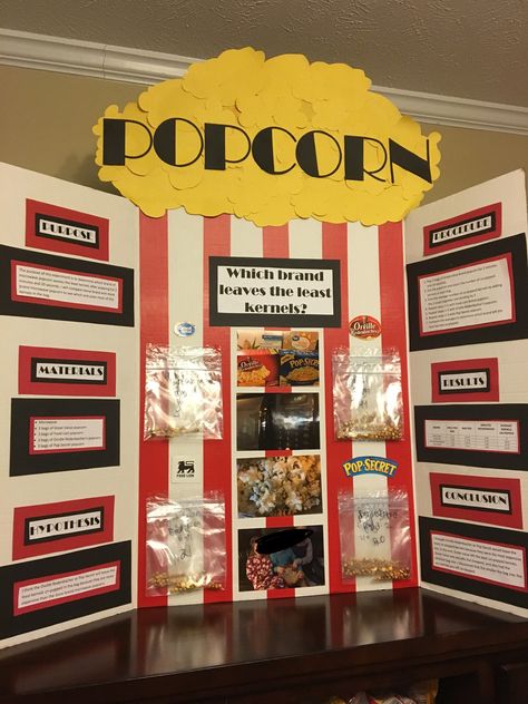 Science fair, popcorn science, fourth grade Science Fair Project 3rd Grade, Science Fair Boards Ideas, Quick And Easy Science Fair Projects, Science Fair Popcorn Project, Fun Science Fair Projects Middle School, Easy Science Fair Ideas, Science Fair Projects Popcorn, Cute Science Fair Projects, Science Fair Presentation Board