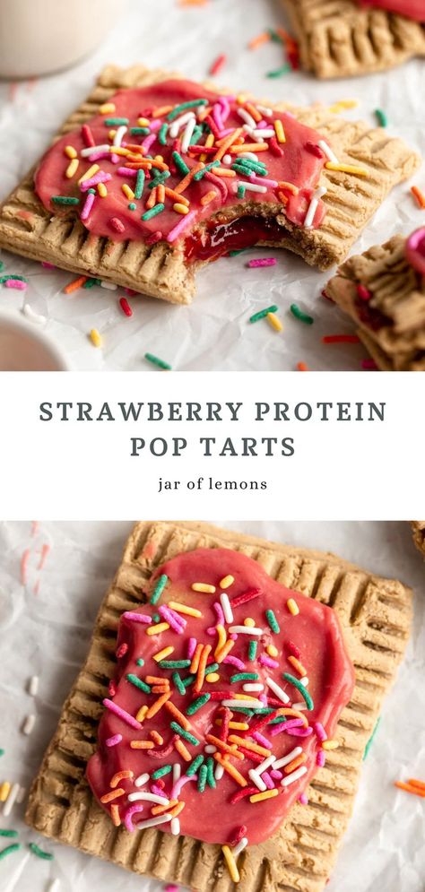 Two images of strawberry protein pop tarts. Protein Pop Tart Recipe, Protein Poptart Recipe, Healthy Pop Tart, Gluten Free Poptart Recipe, Protein Pop Tarts, Healthy Pop Tart Recipe, Healthy Pop Tarts, Protein Poptart, Gluten Free Strawberry Poptarts