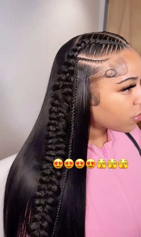 Crimped Hairstyles Black Women, 2 Butterfly Braids On Wig, Half Up Half Down Leave Out Weave, Hairstyle Bridesmaid Long Hair, Wig Braid Styles, Braids Weave In The Back, Cute Hairstyles For Festivals, Braids And Leave Out, 2 Braid Quick Weave