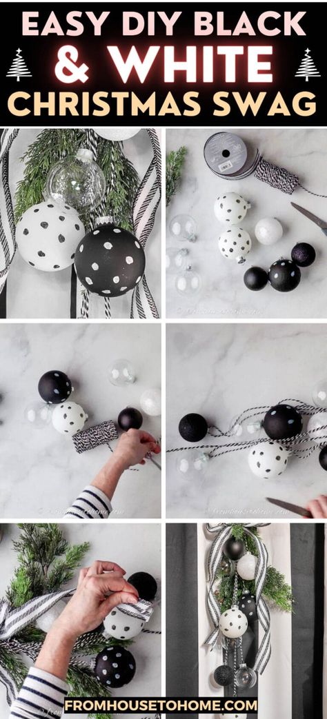 Simple DIY project for a black and white Christmas swag. White Christmas Door Decorations, Diy Glam Decor, Swag Christmas, Glam Christmas Decor, House To Home, Black And White Christmas, Black White Christmas, Christmas Swag, Glam Christmas