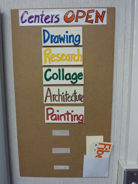 Easy method for posting daily centers. Use velcro to attach signs Tab Art, Art Classroom Organization, Art Room Posters, Art Classroom Management, Art Rooms, Education Art, Art Classroom Decor, Pinterest Art, Art Curriculum