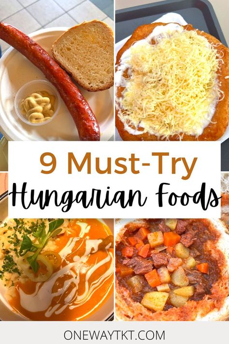 9 Must-Try Hungarian Foods.  Kolbasz, Langos, Paprika Chicken, and Goulash. Hungarian Food Traditional, Hungarian Snacks, Hungarian Appetizers, Hungarian Recipes Traditional, Hungarian Langos, Hungarian Bread, Hungarian Dumplings, Budapest Food, Hungarian Sausage