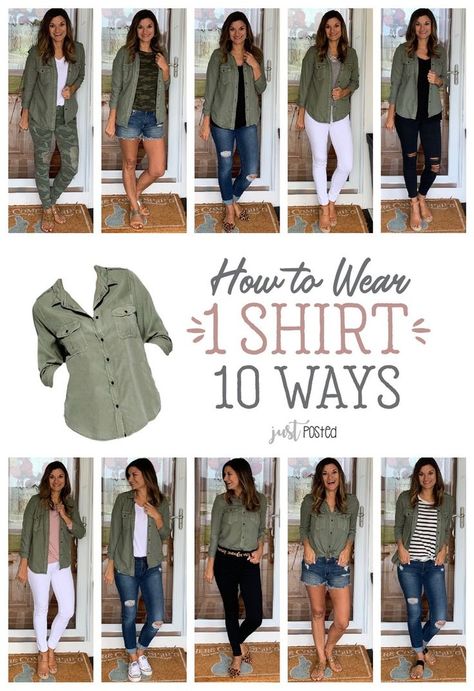 How to Wear One Green Shirt Ten Ways #justpostedblog #ShopStyle #shopthelook #MyShopStyle #OOTD #LooksChallenge #ContributingEditor #Lifestyle Green Shirt Outfits, Mode Ab 50, Fashion Capsule Wardrobe, Fashion Capsule, Looks Black, Minimalist Wardrobe, Dresses Summer, Style Mistakes, Green Shirt