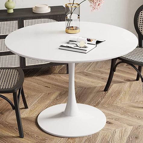 Amazon.com - Recaceik Modern Round Dining Table, 42.1'' Tulip Table with MDF Table Top & Metal Pedestal Base for Dining Room Living Room Cafe, Kitchen Table w/ 0.71” Thickened Tabletop for 4-6 People, White - Tables White Pedestal Table, Modern Round Dining Table, Top Kitchen Table, Mdf Table, Tulip Dining Table, Dining Banquette, Round Dining Table Modern, Round Kitchen Table, Tree Inspiration