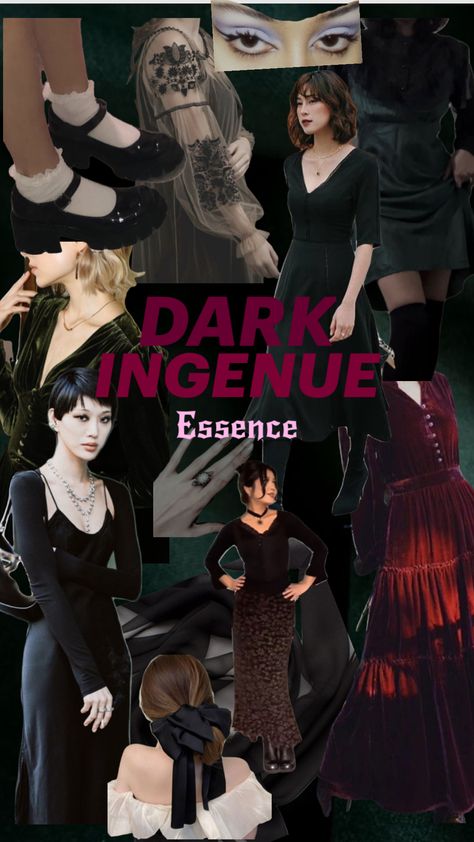 Dark Ingenue Essence Style #kibbe #witchyoutifts #darkacademiaaesthetic Romantic Kibbe Style, Black Feminine Outfit, Deep Winter Palette Outfits, Ingenue Essence, Dark Feminine Style, Kibbe Style, Dark Gothic Fashion, Romantic Kibbe, Dark Academia Goth