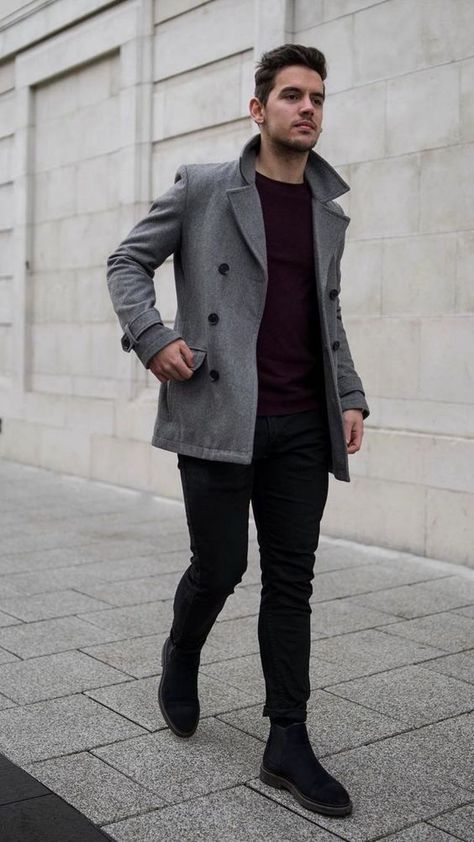 I dress myself, not to impress, but for comfort and for style  #Angeljackets #mensfashion #cyberweek #cyberweeksale #cyberweekdiscount #trendylook #casual #woolblend #angeljackets Grey Peacoat Outfit Men, Gray Peacoat Outfit, Men Peacoat Outfit, Peacoat Outfit Men, Peacoat Outfits, Men Peacoat, Peacoat Outfit, Gray Peacoat, Chelsea Boots Men Outfit