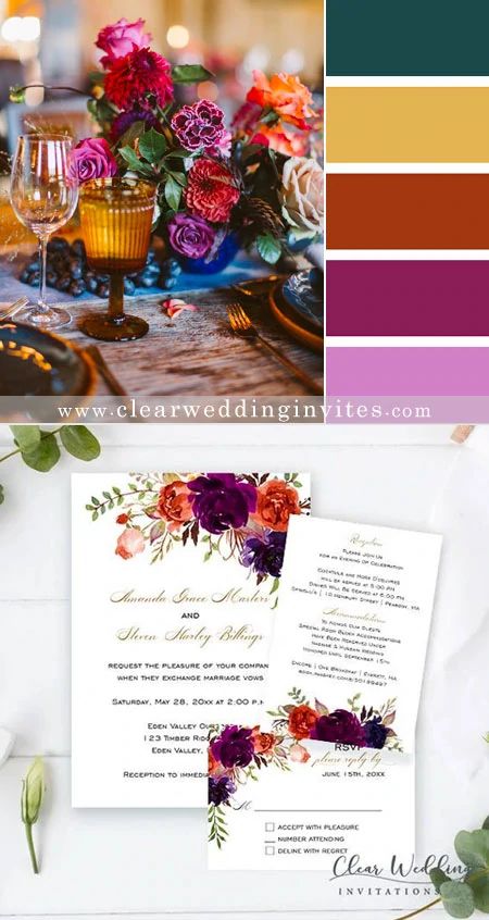 10 Fall Wedding Color Palettes with Matched Wedding Invitations – Clear Wedding Invites Colorful Fall Wedding Palette, Marigold Wedding Colors, Wedding Color Themes Colour Palettes, October Wedding Colors Schemes, Fall Wedding Palette, Wedding Invitations Clear, October Wedding Colors, Colorful Fall Wedding, Marigold Wedding