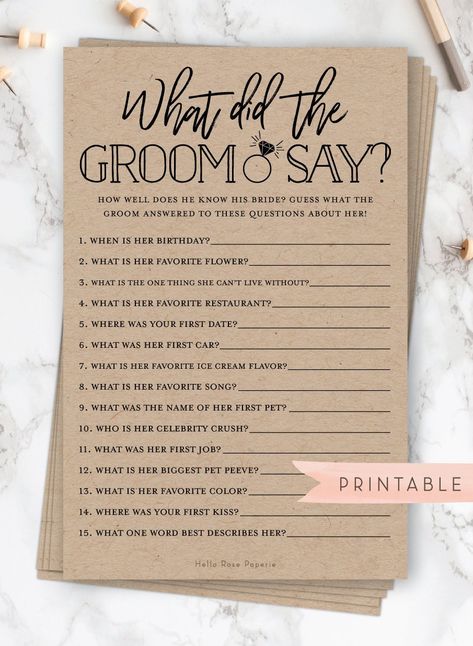 What Did the Groom Say About His Bride . Printable Fun Bridal Shower Game . Rustic Kraft PLUS Black and White . Instant Digital Download Bridal Shower Questions, Bridal Shower Decorations Diy, Disney Bridal Showers, Wedding Game, Fun Bridal Shower Games, Printable Bridal Shower Games, Wedding Shower Games, Baby Shower Invitaciones, Bridal Shower Food