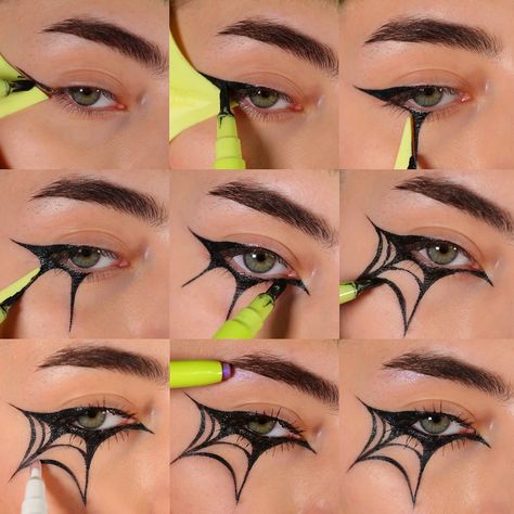 HOW TO: SPIDERWEB LINER (for anyone❤️) I used @halfmagicbeauty’s new Flik Eraser to show how easy it can be do to even the most graphic liner looks! *Not sponsored but I do work directly for the brand - Products used (*=gifted) - @halfmagicbeauty *Magic Flik liner, *Wing magician stencil, *Flik Eraser, *Eyelectric Mascara, *’Pretty Puddle’ Glitterpill, *Self adhesive face pearls, *’The Dreamies’ sparklestik @tartecosmetics shape tape concealer @maccosmetics studio fix powder • • • #halloweenm... Spiderweb Liner, Halloween Graphic Liner, Easy Graphic Liner, Spiderweb Makeup, Face Pearls, Graphic Liner Looks, Web Makeup, Liner Looks, Shape Tape Concealer