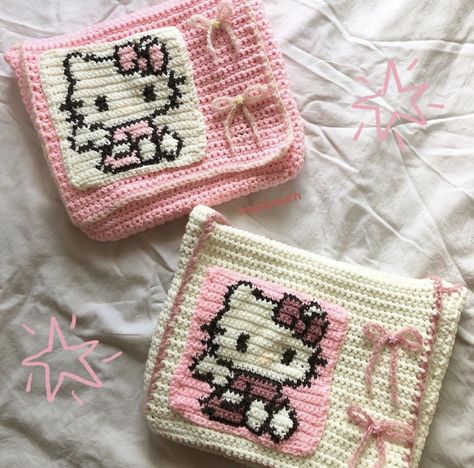 Hello Kitty Grid Crochet, Tapestry Bag Crochet, Crochet Hello Kitty Bag, Crochet Ipad Case, Coquette Crochet, Crochet Hello Kitty, Hello Kitty Crochet, Crochet Fairy, Cute Coquette