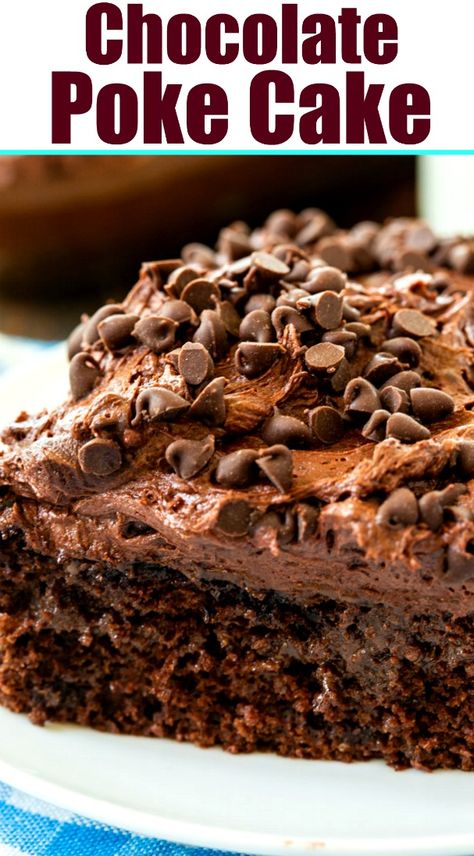 Easy to make Chocolate Poke Cake. Perfect Cake Recipe, Chocolate Box Cake, Cake Mix Ingredients, Chocolate Poke Cake, Cake Mix Desserts, Poke Cake Recipes, Poke Cakes, Melting Chocolate Chips, Poke Cake