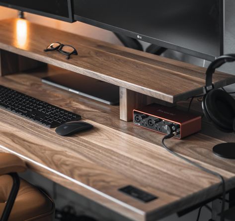 Desk Gamer Ideas, Maple Desk, Desk Table Top, Walnut Standing Desk, Wood Top Desk, Ergonofis Sway Desk, Desk Footrest, Built In Sit Stand Desk, Sit Stand Desk Home Office