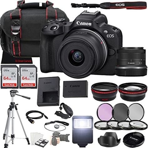 Canon EOS R50 Mirrorless Camera w/RF-S 18-45mm f/4.5-6.3 is STM Lens + 2X 64GB Memory + Case + Filters + More (35pc Bundle) Check more at https://us.productsoffer.in/canon-eos-r50-mirrorless-camera-w-rf-s-18-45mm-f-4-5-6-3-is-stm-lens-2x-64gb-memory-case-filters-more-35pc-bundle/ Canon R50 Photography, Canon Eos R50, Canon R50, Memory Case, Photography Moodboard, Camera Rig, Photography Basics, Canon Camera, Brand Board