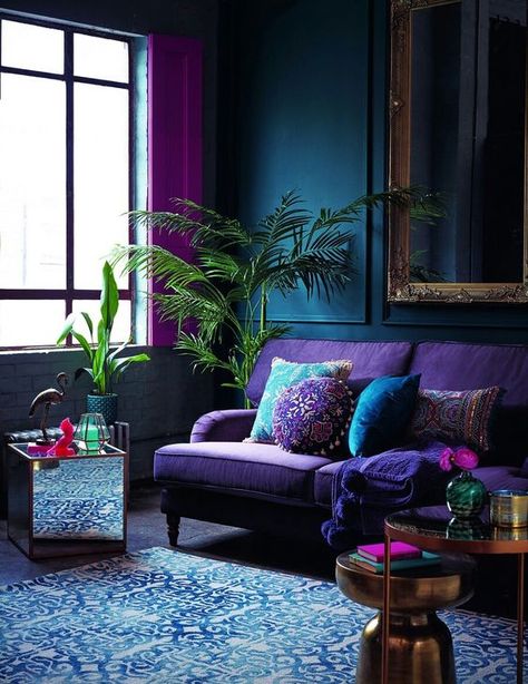 22 a decadent moody space with purple, teal, blue and fuchsia accents and a Moroccan feel - DigsDigs Purple Living Room, Craft Spaces, Blue Furniture, Trendy Living Rooms, Creative Craft, Natural Home Decor, Cool Ideas, A Living Room, New Wall