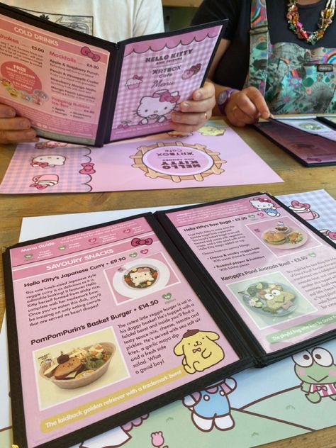 #hellokitty #mymelody #kuromi #keroppi #kawaii #coquette #cafe #ldr #pompompurin #chococat #japanese #cute #cinnamaroll #brighton #london Sanrio Restaurant, Coquette Cafe, Sanrio Cafe, Cafe Hello Kitty, Brighton London, Cafe Menu Boards, Kawaii Coquette, Kawaii Store, Japanese Menu