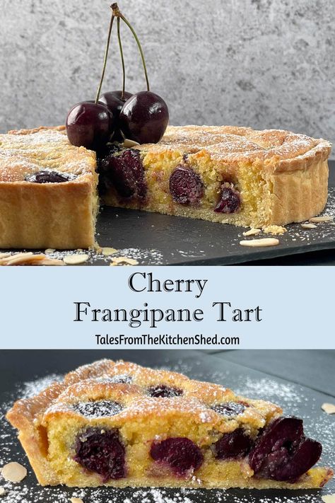 Cherry Frangipane Tart - juicy whole cherries and an easy all in one almond cream baked to perfection in a buttery pastry case. The combination of soft almond filling, luscious cherries and perfect pastry make this cherry and almond tart an absolute delight. Cherry Frangipane, Frangipane Tart Recipe, Tart Cherries Recipes, Kitchen Shed, Pastry Case, Almond Filling, Cherry Topping, Almond Tart, Snack Cakes