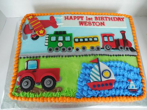 Train Birthday Cake, Transportation Birthday Party, Transportation Party, Transportation Birthday, Birthday Sheet Cakes, Novelty Birthday Cakes, Third Birthday Party, Trucks Birthday Party, First Birthday Cake