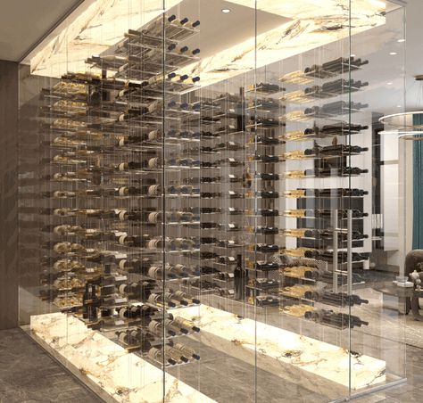 Marble Wine Rack, Wine Basement, Floating Wine Rack, Wine Storage Ideas, Wine Cellar Ideas, Glass Wine Cellar, Cellar Ideas, Display Lighting, Hanging Wine Rack