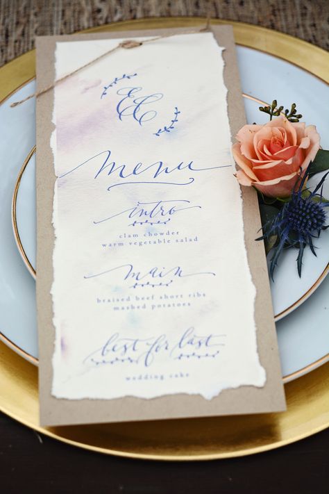 A menu card featuring kraft paper, torn ivory cardstock, twine, and blue hand painted calligraphy. |   Photo by Catrina Earls Photography Romantic Calligraphy, Ideas For Wedding Decorations, Rustic Valentine, Wedding Place Settings, Cakes Wedding, Font Inspiration, Menu Card, Ideas For Wedding, Decorations Wedding