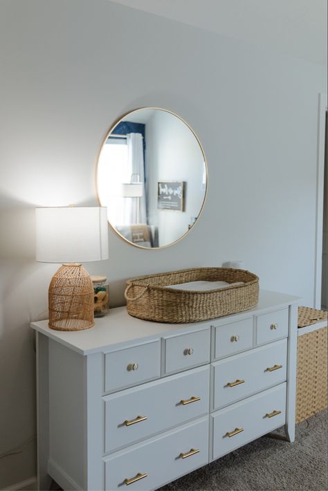 Mirror And Shelf Above Changing Table, Rattan Changing Table Basket, Nursery White Dresser, Changing Table Mirror, Changing Table With Mirror, Changing Table Baskets, Wicker Changing Table Basket, Moses Basket Changing Table, Gold Accent Nursery