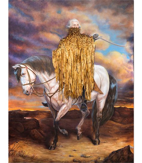 George Washington sits astride a white horse; one outstretched arm grasps a saber pointed towards an unseen field of battle. Covering his face and the top portion of his torso is a cascade of shredded strips of canvas, each featuring a painted name that appears to be written in Washington’s own hand. If pieced together, … Titus Kaphar, Black Figure, Historical Painting, Cleveland Museum Of Art, British Art, Museum Exhibition, White Horse, Black Artists, George Washington