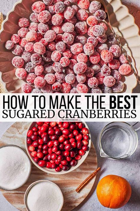 Sugared cranberries with cinnamon and orange zest. Make this easy but show stopping holiday dessert to impress! Cranberries Orange Juice Sugar, Cranberry Orange Crisp, Cranberries Soaked In Orange Juice, Candied Cranberries With Orange Juice, Sugar Covered Cranberries, Cranberries In Powdered Sugar, Baked Cranberries With Powdered Sugar, Powdered Sugar Cranberries Baked, Sugar Cranberries Recipe