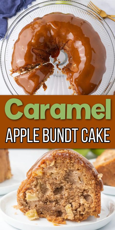 Apple cake with chunks of apples and cinnamon with caramel sauce with Pinterest overlay. Caramel Apple Bundt Cake, Caramel Apple Upside Down Cake, Upside Down Bundt Cake, Caramel Apple Cake Recipe, Easy Dessert Idea, Apple Cake Recipe Easy, Apple Upside Down Cake, Apple Bundt Cake, Fresh Apple Cake