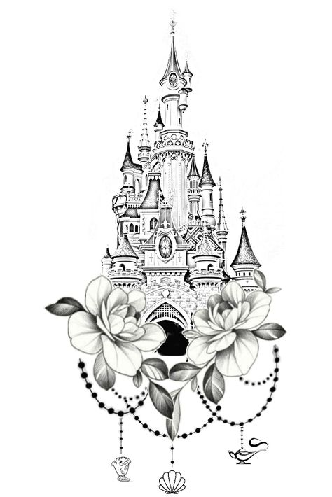 Mickey Mouse Castle Tattoo, Disney Castle Tattoo Design, Disney Back Tattoo, Disney Mandala Tattoo, Château Disney, Disney Thigh Tattoo, Disney Castle Drawing, Disney Castle Tattoo, Disney Inspired Tattoos