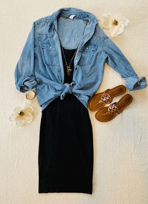 Stylish way to wear a denim shirt with a black casual dress Blue Denim Button Up Shirt Outfit, Denim Button Shirt Outfit, Denim Shirt Over Black Dress, Black Dress Denim Shirt Outfit, Black Dress With Jean Shirt, Black Dress With Denim Shirt, Ways To Wear A Denim Shirt, Black Dress Denim Shirt, Denim Shirt Outfit Women Work