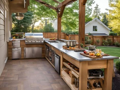 Diy Outdoor Kitchen Under Pergola, Outdoor Kitchen Shelter Ideas, Outdoor Kitchen Porch, Diy Small Outdoor Kitchen, Backyard Patio Designs Kitchen, Farmhouse Outdoor Kitchen Ideas, Outdoor Cabinet Ideas, Patio Ideas With Kitchen, Diy Outdoor Kitchen Rustic