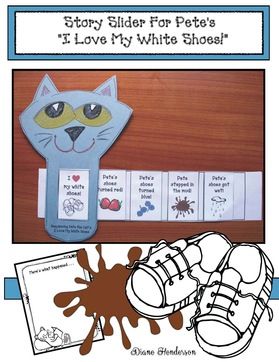 Pete the Cat activities: Pete the Cat's "I Love My White Shoes!" story slider craft.  Older kiddos color, cut & glue the graphics in the correct sequence, then slide the strip to retell the story.  There's also a strip for PK in the correct order, plus a full color one for teachers. Plus a slider that has a bucket for the last graphic, along with a "Here's What Happened..." writing prompt to check comprehension. Pete The Cat Games, Pete The Cat Activities, 5 Senses Craft, I Love My White Shoes, Polar Bears Activities, Cat Activities, S Activities, Polar Bear Craft, Pete The Cats