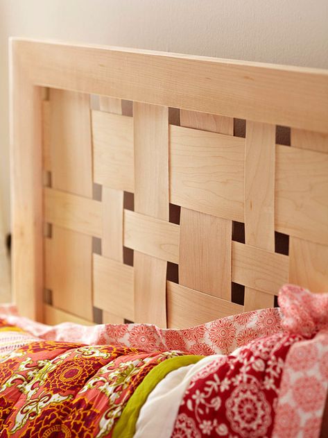 Eye Candy: 15 Beautiful Home Projects Using Wood Veneer Woven Headboard, Plywood Headboard, Make Your Own Headboard, Head Boards, Diy Headboards, Woven Wood, Diy Headboard, Wood Headboard, Wall Treatments