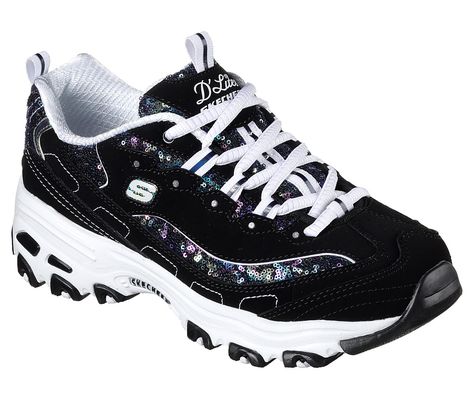 SKECHERS D'Lites - Fame N Fortune shoe.  Smooth leather and sequin fabric upper in a lace up sporty casual sneaker with stitching and overlay accents.  Air Cooled Memory Foam insole. Skechers D'lites, Sketchers Shoes, Skechers D Lites, Skechers Sneakers, Sporty Casual, Skechers Women, Shoes Uk, Sports Footwear, Skechers Shoes