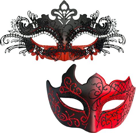 Red Venetian Masquerade Mask For Party, Red And Black Masquerade Mask Men, Themed Red Masquerade Mask, Elegant Red Masquerade Mask For Theater, Red Fantasy Party Mask, Red And Black Masquerade Mask, Maskerade Mask, Couples Masquerade Masks, Black Masquerade Mask