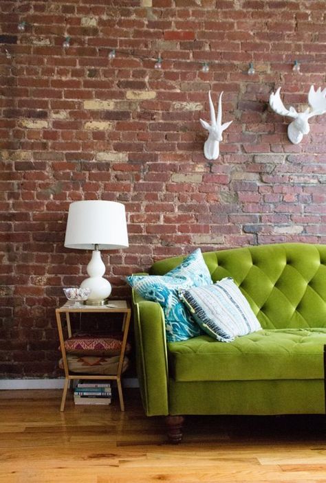 7 Colors that Always Look Amazing With Exposed Brick | Apartment Therapy Lime Green Couch, Exposed Brick Apartment, Brick Decoration, Regal Industrial, Spring Interiors, Velvet Furniture, Green Couch, Interior Design Boards, Green Sofa