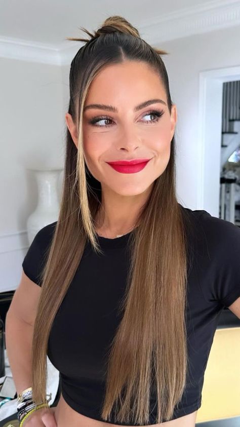 15 Half-Up, Half-Down Bun Hairstyles That Are Easy and Chic Straightened Hair Half Up Half Down, Ponytails Half Up Half Down, High Bun Half Up Half Down, Professional Half Up Half Down Hair, Half Up Half Down Real Hair, Straight Half Up Half Down Hairstyles, Sleek Half Up, Sleek Half Up Half Down, Bun Half Up Half Down