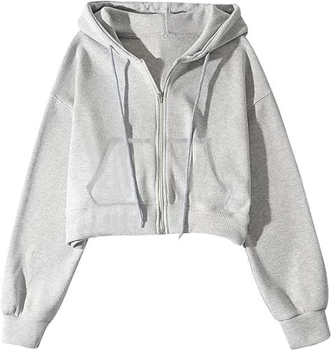 Yimoon Cropped Zip Up Hoodie for Women Waffle Knit Vintage cropped Sweatshirt Casual Long Sleeve Hooded crop jacket(Grey-L) at Amazon Women’s Clothing store Grey Cropped Hoodie Outfit, Vintage Zip Up Hoodie, Cropped Zipper Hoodie, Pink Cropped Zip Up Hoodie, Hoodie Gap, Cropped Zip Up Hoodie, Grey Cropped Hoodie, America Outfit, Cropped Zip Up