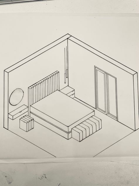 Isometric View Architecture, Isometric View Of Bedroom, Isometric Design Architecture, 2 Point Perspective Drawing Room, Isometric Drawing Architecture, Isometric Art Drawing, Isometric Drawing Examples, Isometric Interior Design, Bedroom Isometric