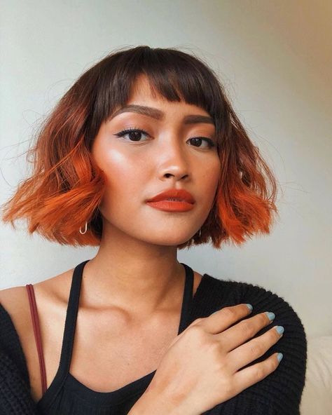 Best Hair Colors For Short Hair, Coloured Bob Hair, Orange Hair With Dark Roots, Orange Hair Dark Roots, Orange Tips Hair, Bixie Colour Hair Colors, Half Half Hair Color, Orange Hair With Bangs, Hair Color Inspiration For Short Hair