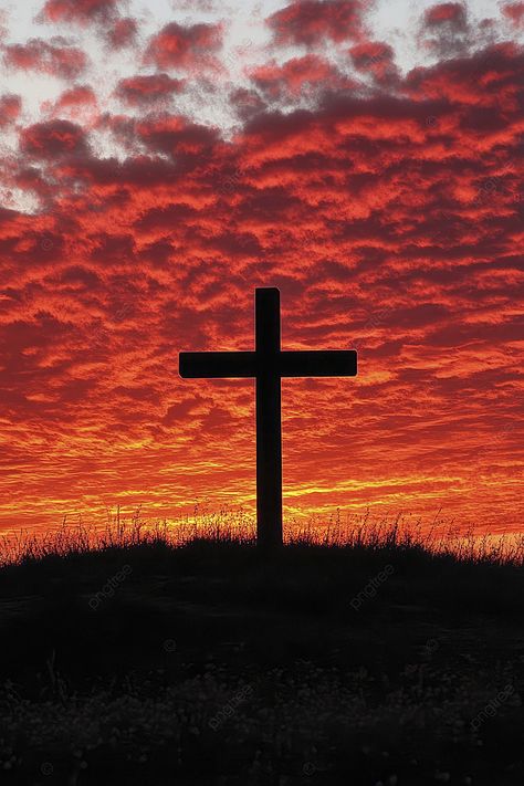 The Silhouette Of Cross On Mount At Sunset With Red And Orange Clouds In Sky Background Red Cross Wallpaper, Sky Background Wallpaper, Background Cross, Cross Background, Orange Clouds, Church Backgrounds, Cross Wallpaper, Logo Cloud, Marketing Poster