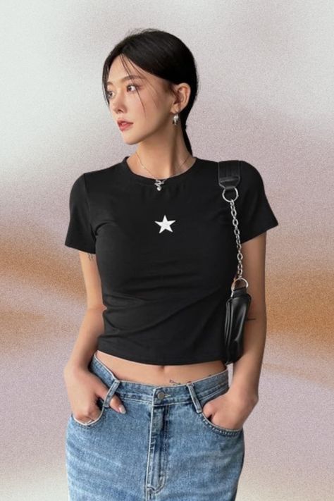 Star print, short sleeve, round neck, crop length. #amazon #amazonfinds #amazonbestsellers #star #tee #top #shirt #shortsleeve #roundneck #slimfit #croptop #black Amazon Finds, Star Print, Workout Tee, Printed Shorts, Tee Shirt, Top Shirt, Round Neck, Tee Shirts, Slim Fit