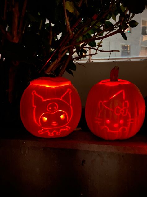 Kuromi Pumpkin Carving, Sanrio Pumpkin Carving, Sanrio Pumpkin, Kuromi Pumpkin, Halloween Sanrio, Pumpkin Painting Party, Kitty Pumpkin, Halloween Pumpkin Stencils, Hello Kitty Pumpkin