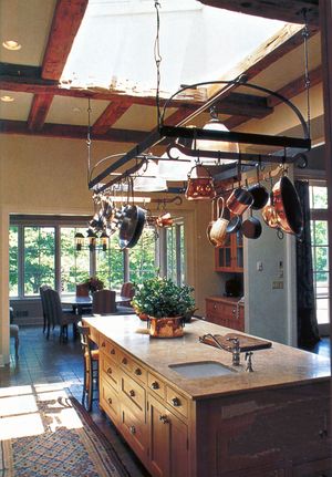 Hanging Pot Rack Over Island With Lights, Kitchen Island With Hanging Pots, Kitchen With Pans Hanging, Hanging Pots And Pans Over Island With Light, Pots Hanging Over Island, Lighted Pot Rack Over Island, Pot Rack Above Island, Kitchen Pan Hanging Ideas, Kitchen Ceiling Rack