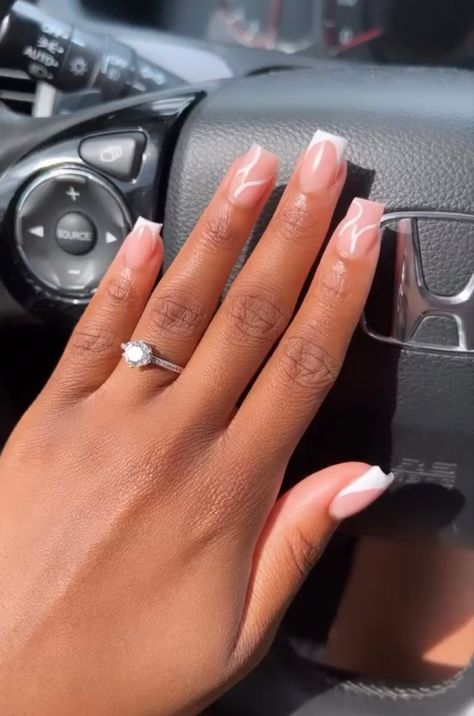 Modest Nail Ideas, Pink Smile Line Acrylic Nails, Neutral Nails With White Design, Line Nail Designs Simple, Short Grey Acrylic Nails, Mail Inspo Short, Biab Overlay, Modest Nails, Mail Ideas Acrylic