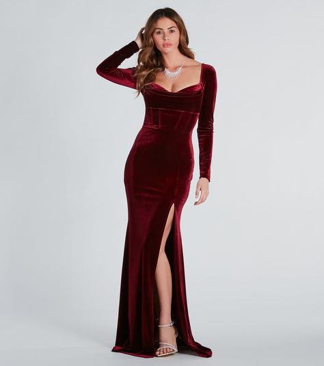 Long Figure Hugging Dresses, Red Prom Dress Long Sleeve, Long Prom Dresses With Sleeves, Long Sleeve Corset Dress, New Year Party Outfit, Red Velvet Dress Long, Winter Formal Dresses Long, Long Sleeve Mermaid Dress, Long Velvet Dress