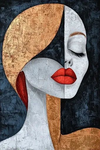 ↑↑ HD version on website. The painting depicts a woman's face in a cubist style. Her eyes are closed, and her lips are painted.wallpaper.webp Painting Face Acrylic, Beautiful Art Paintings Woman, Abstract Face Art Paint, Abstract Woman Painting Faces, Painting Styles Acrylic, Modern Cubist Art, Cubism Art Ideas Easy, Modern Face Art, Abstract Painting Face