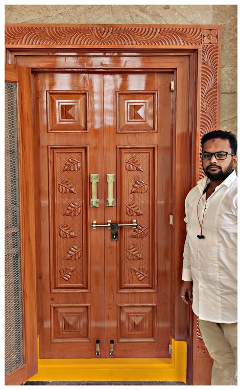 Teak Wood Main Double Door Design Entrance Modern Interior, Dubble Door Design, Teak Double Door Design, Kitchen Backdoor, Main Double Door Design Wood, Vasakal Design, Main Double Door Design, Main Double Door, Single Main Door Designs