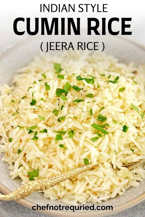 This easy cumin rice recipe will be on regular repeat in no time! Also called jeera rice, this Indian basmati rice dish is studded with whole cumin seeds as well as garlic and onion. Packed with flavour! #chefnotrequired #cumin #jeera #cuminrice #jeerarice Basmati Rice Recipes Easy, Basmati Rice Dishes, Cumin Rice Recipe, Indian Basmati Rice, Jeera Rice Recipe, Cumin Rice, Cumin Recipes, Basmati Rice Recipes, Indian Rice Recipes